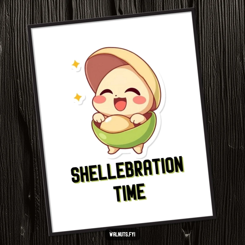 Funny digital art print of a giggling pistachio joyfully bursting out of its shell, embodying pure elation.