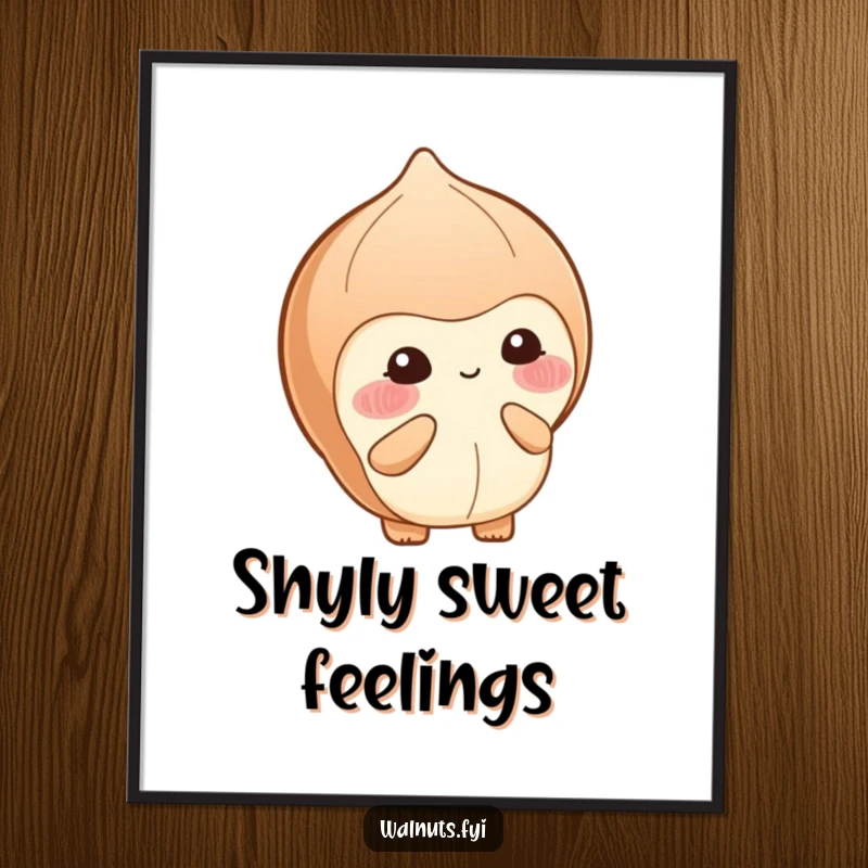 Funny digital art print of a blushing hazelnut shyly offering a small berry with a sweet, bashful smile.