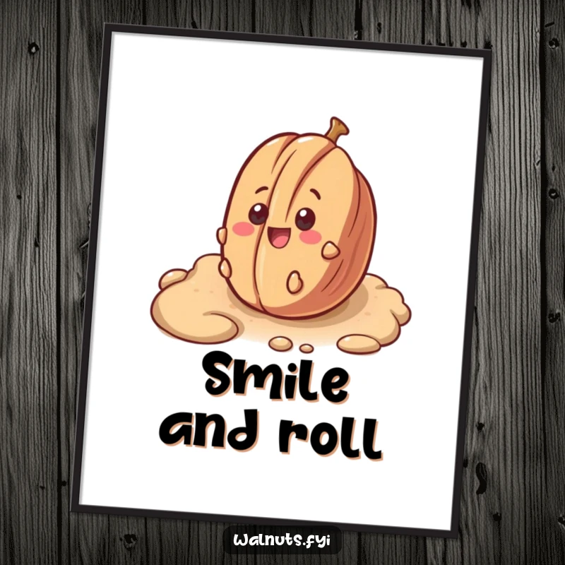 Funny digital art print of a surprised pecan with a smile, rolling down a bumpy surface, perfect for decor.