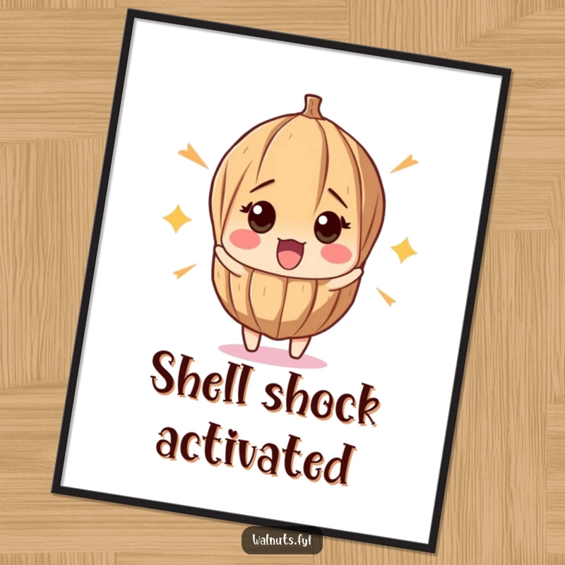 Funny digital art print of a surprised walnut recoiling from a pop, offering instant humorous wall decor and a delightful artistic touch.