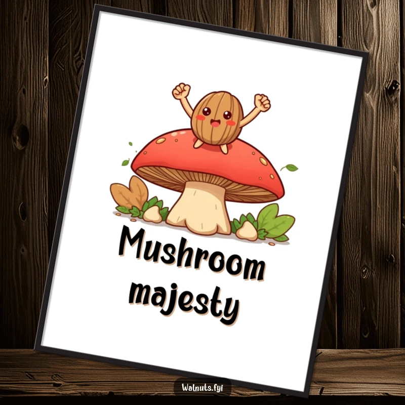 Funny smiling walnut character posing triumphantly on a large mushroom, high-resolution digital art print for humorous decor.