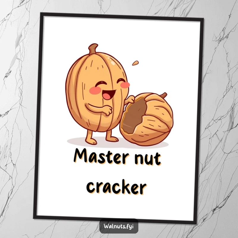 Funny digital art print of a giggling, anthropomorphic walnut enthusiastically cracking open a walnut, ready to print.
