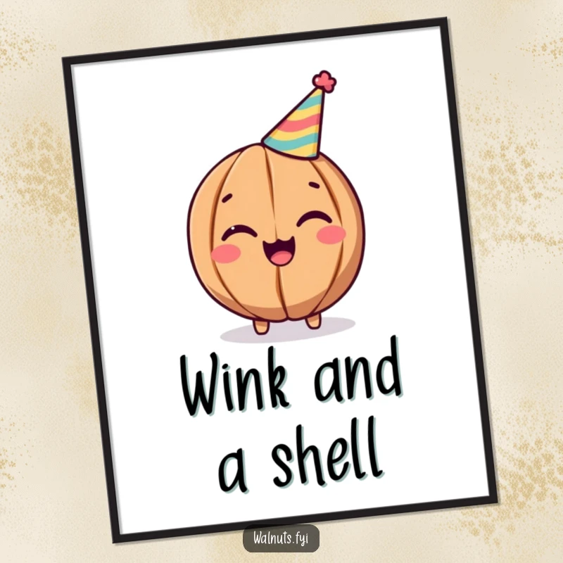 Funny Walnut Digital Art: Cheerful winking walnut with a party hat, festive and fun, perfect funny gift.