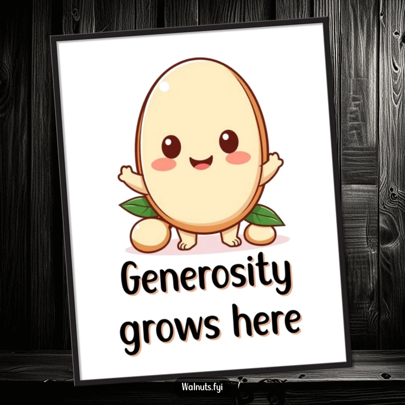 Funny digital art print of a Kawaii macadamia nut character offering a piece, perfect for adding a touch of generous sharing.