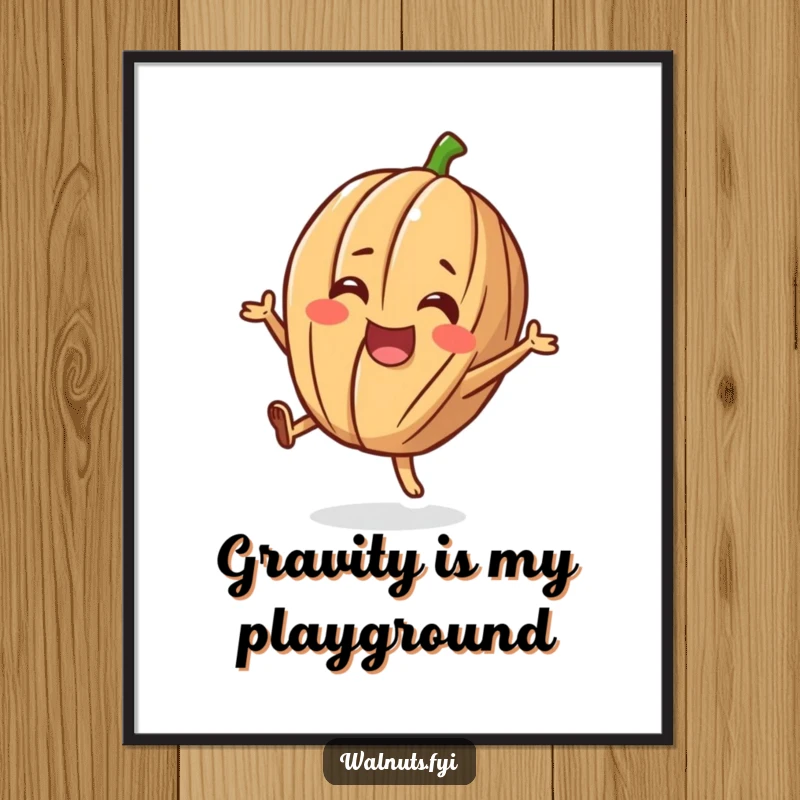 Funny digital art print of a cheerful walnut character doing a happy flip, ready to bring joy.