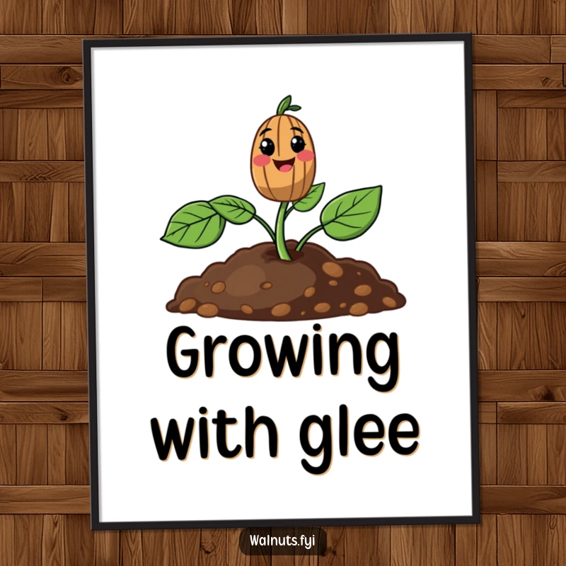 Funny digital art print of a smiling walnut sprout pushing from the soil, bringing cheerful vibes.