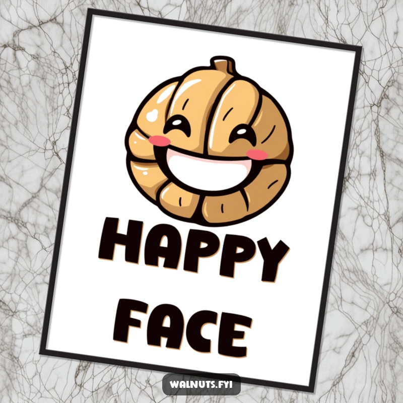 Funny digital art print of a stylized walnut cracking into a smile, delivering instant joy and optimism, an excellent funny gift.