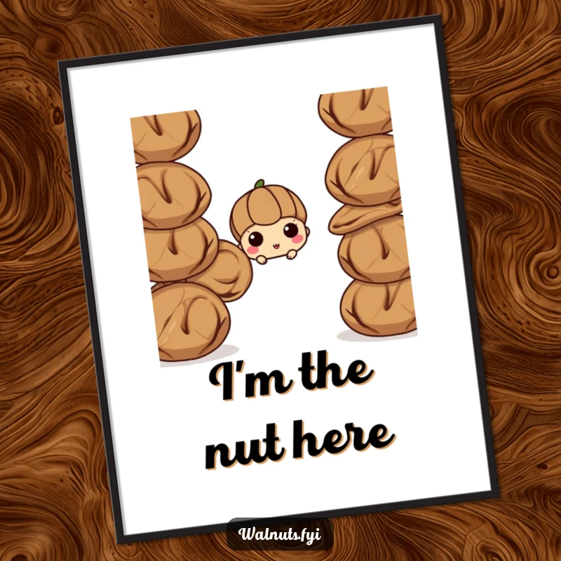 Funny walnut digital art print, a curious walnut peeking from behind a stack of walnuts. Humorous and quirky artwork.