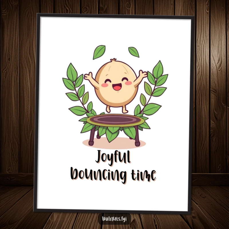 Funny digital art print of a happy, round walnut character bouncing playfully on a trampoline made of leaves.