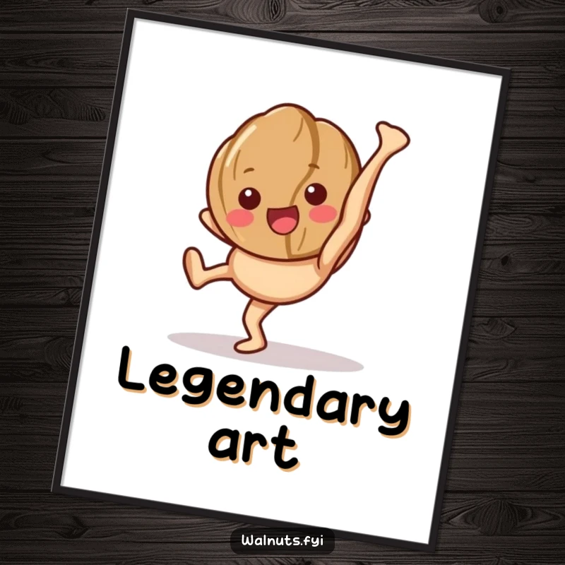 Funny digital art print of a happy walnut character performing a cartwheel, showing its legs.