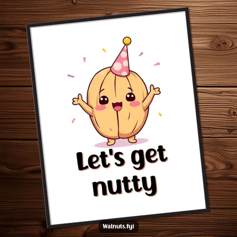 Funny Kawaii walnut digital art print, a delighted walnut cheering with a party streamer, perfect for festive decor.