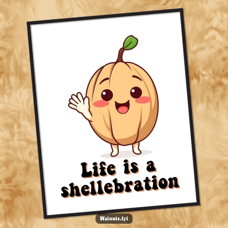 Funny digital art print of a delighted walnut character offering a friendly wave, perfect for instant humorous decor.