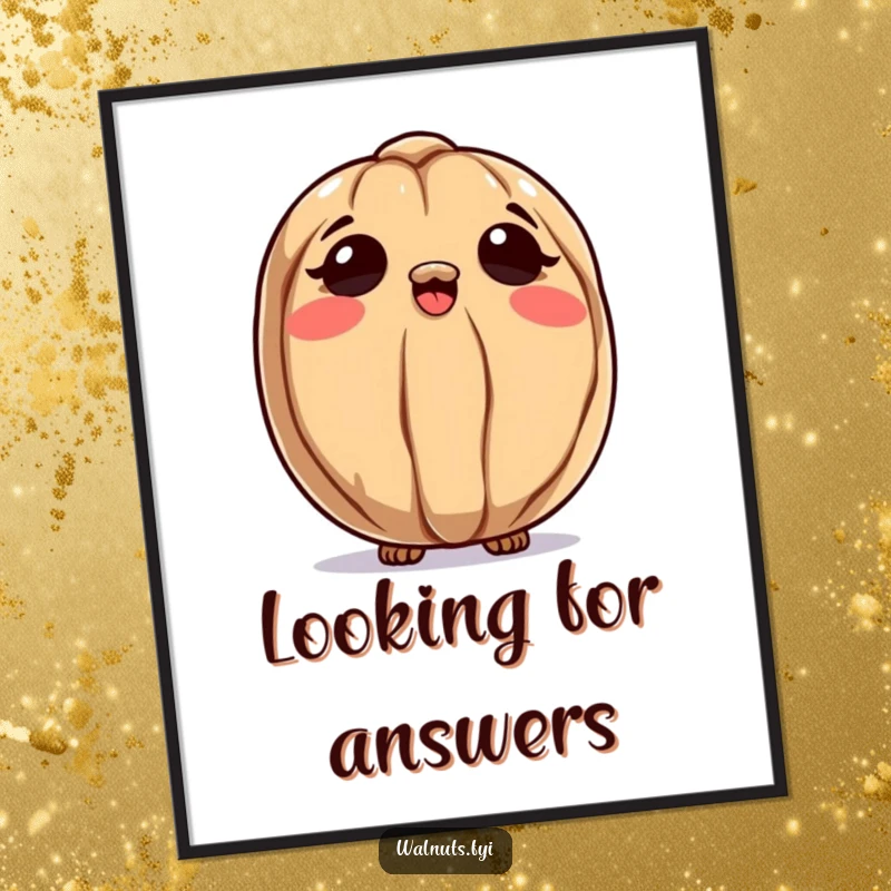 Funny digital art print of a curious walnut character looking up at the sky, symbolizing wonder and a quest for knowledge.