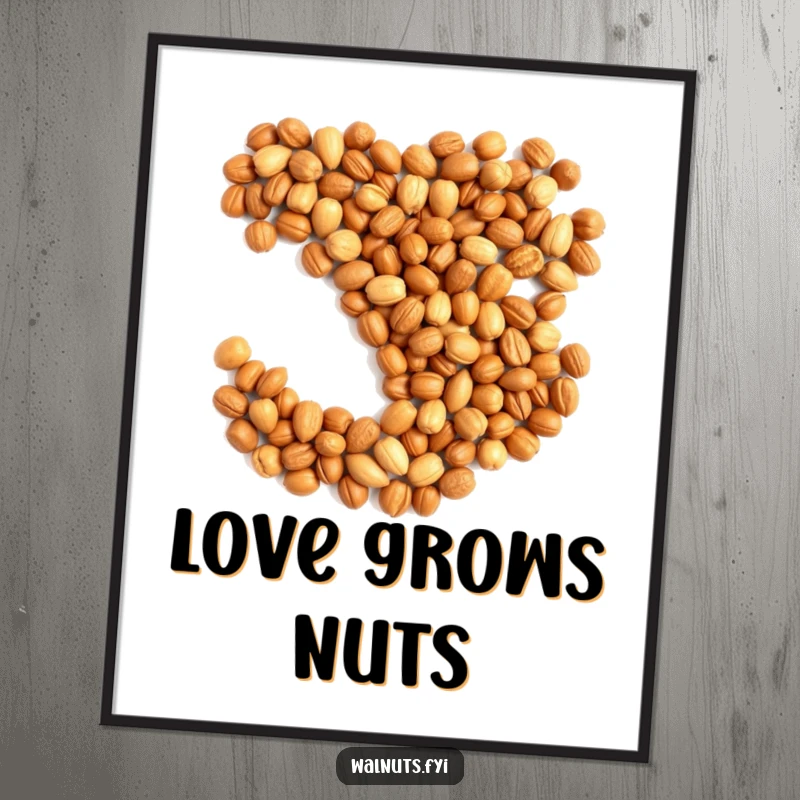 Funny digital art print of nuts arranged in a heart shape, conveying love and humor.