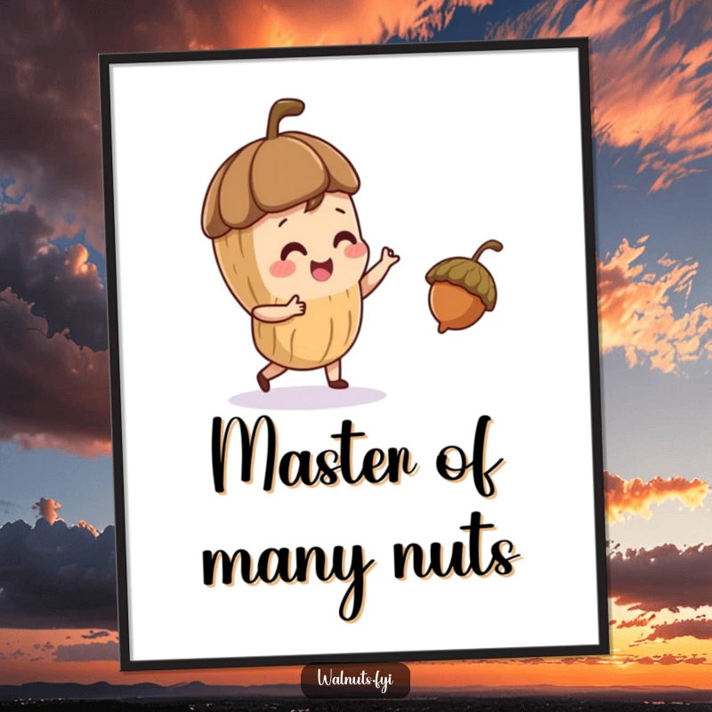 Funny digital art print of a playful walnut character juggling a small acorn, ready to entertain.