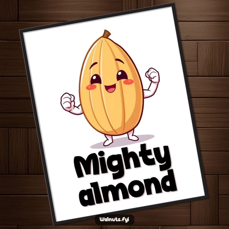 Funny Almond Flex Digital Art Print of a smiling almond proudly flexing a small muscle, conveying triumph.