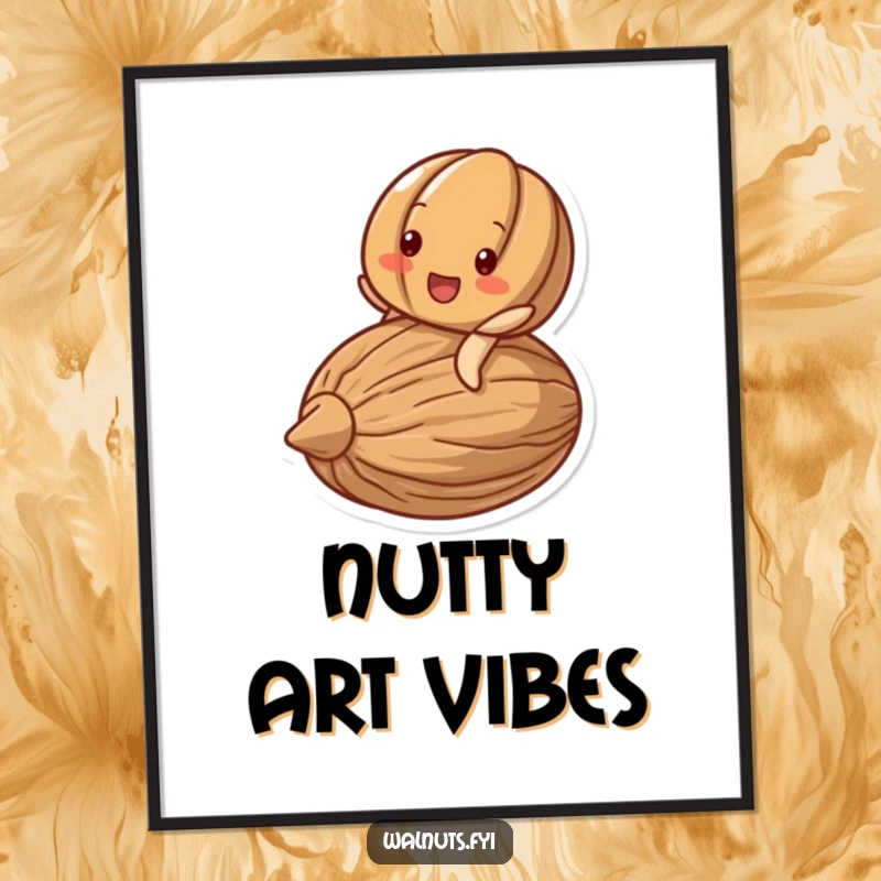 Funny digital art print of a delighted walnut character beaming while riding on a larger, stylized nut.