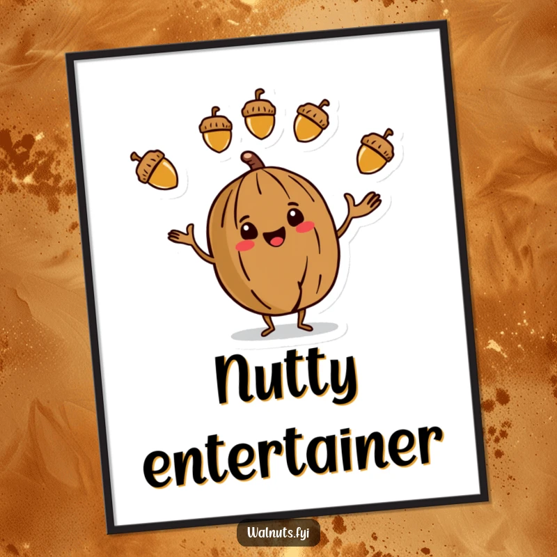 Funny Digital Art Print of a stylized walnut character juggling three colorful acorns, capturing a vibrant performance.
