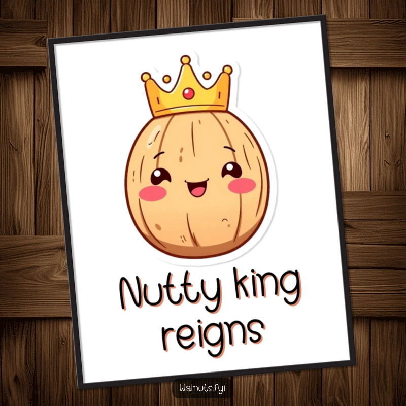 Funny Kawaii walnut digital art print of a smiling walnut character wearing a tiny crown, for instant decor.