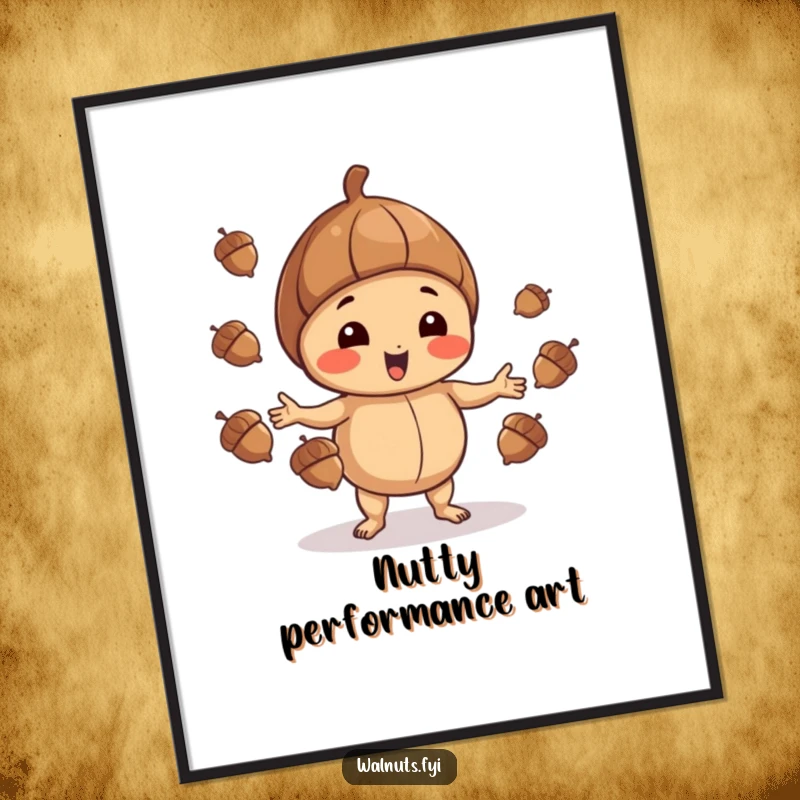 Funny Walnut Digital Art: Playful walnut juggling acorns, showcasing skill, perfect funny gift.