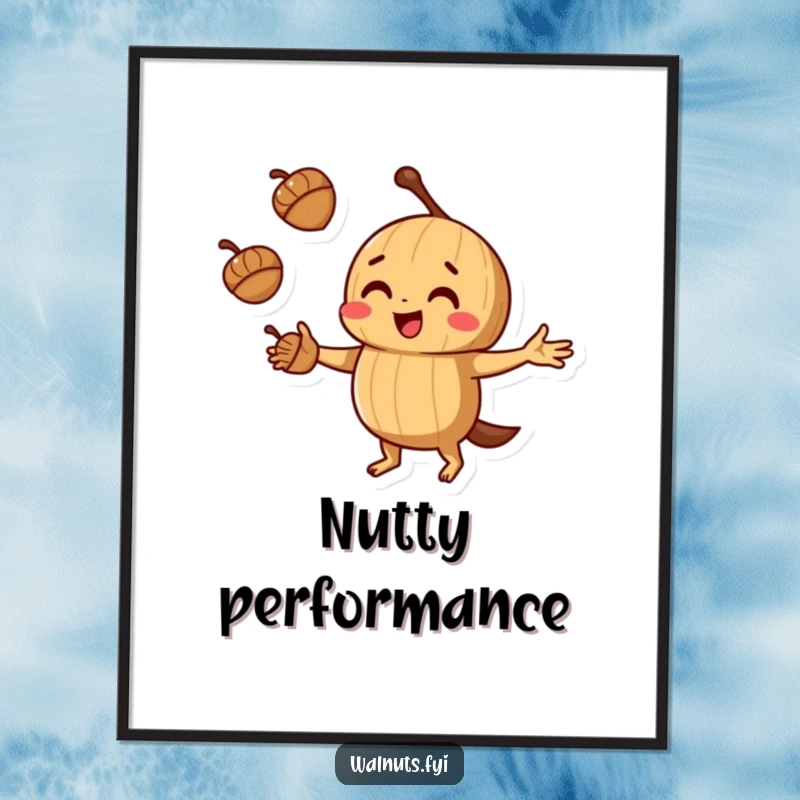 Printable funny juggling walnut digital art of a walnut juggling acorns with playful concentration, ideal for decor.