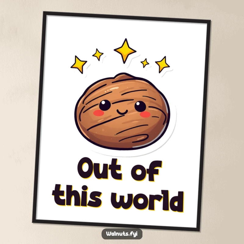 Funny Digital Art Print of a walnut with bright, twinkling stars orbiting, creating a mesmerizing and humorous celestial scene.
