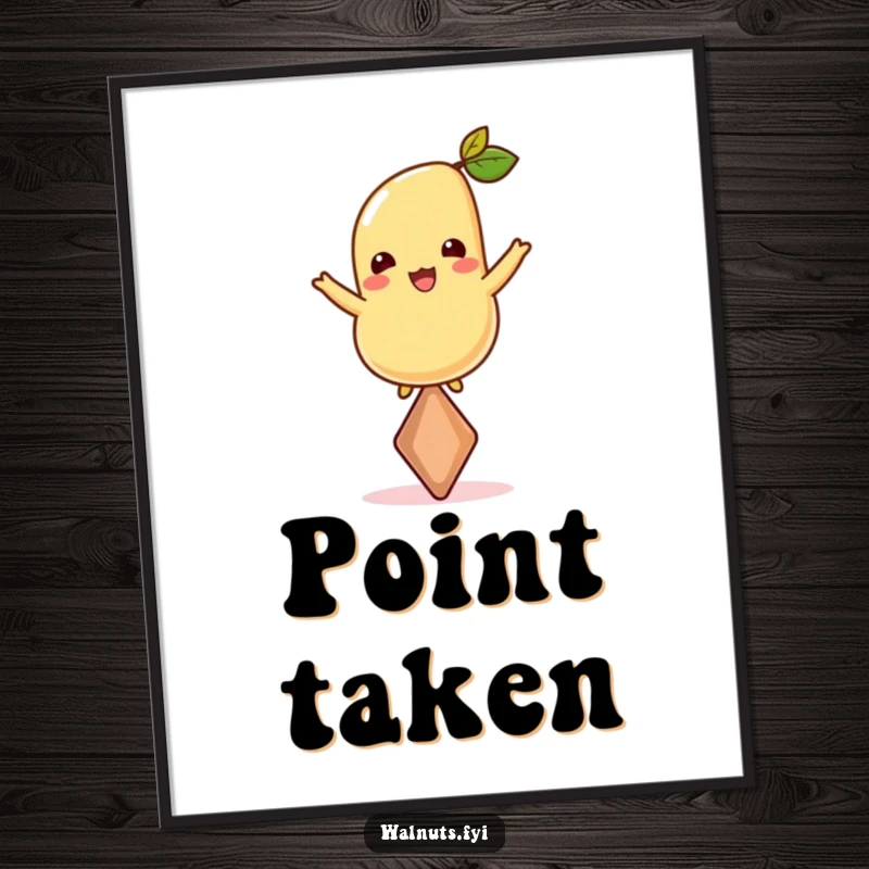 Funny digital art print of a cashew perfectly balanced on its tip, symbolizing poise and humor in a visually striking piece.