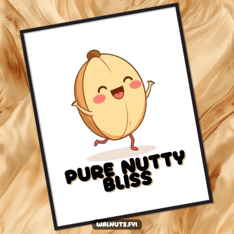 Funny happy walnut jig digital art print of a walnut with tiny legs doing a dance, joyful and humorous art.