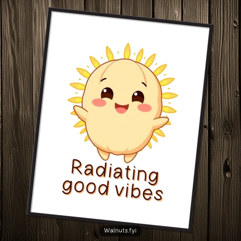 Funny macadamia nut digital art print of a radiant golden character with a smiling face, sharing a warm glowing light, for humorous decor.