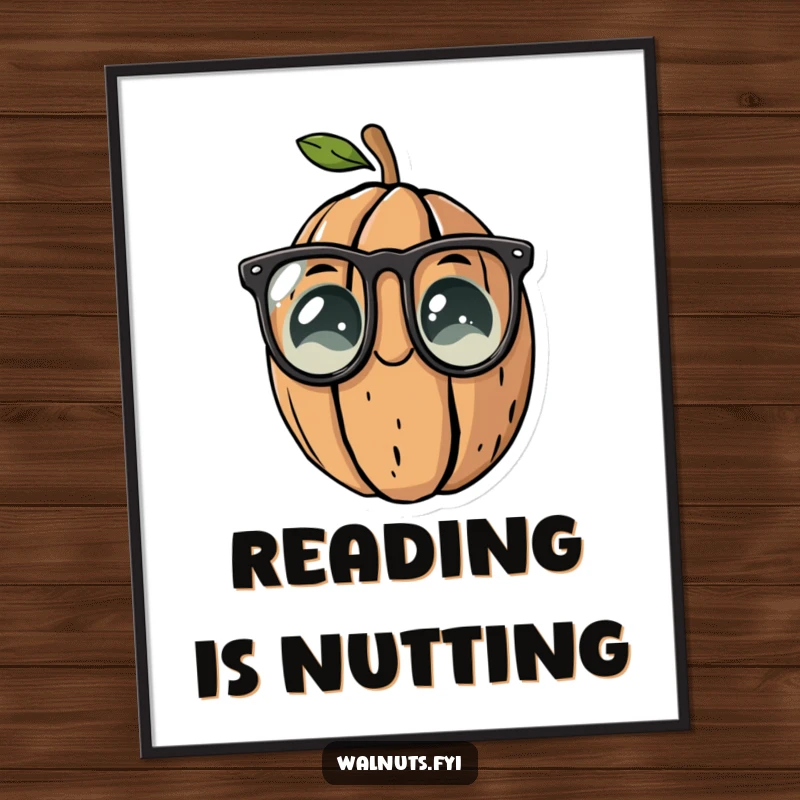 Funny digital art print of a walnut wearing reading glasses, adding intellectual humor.