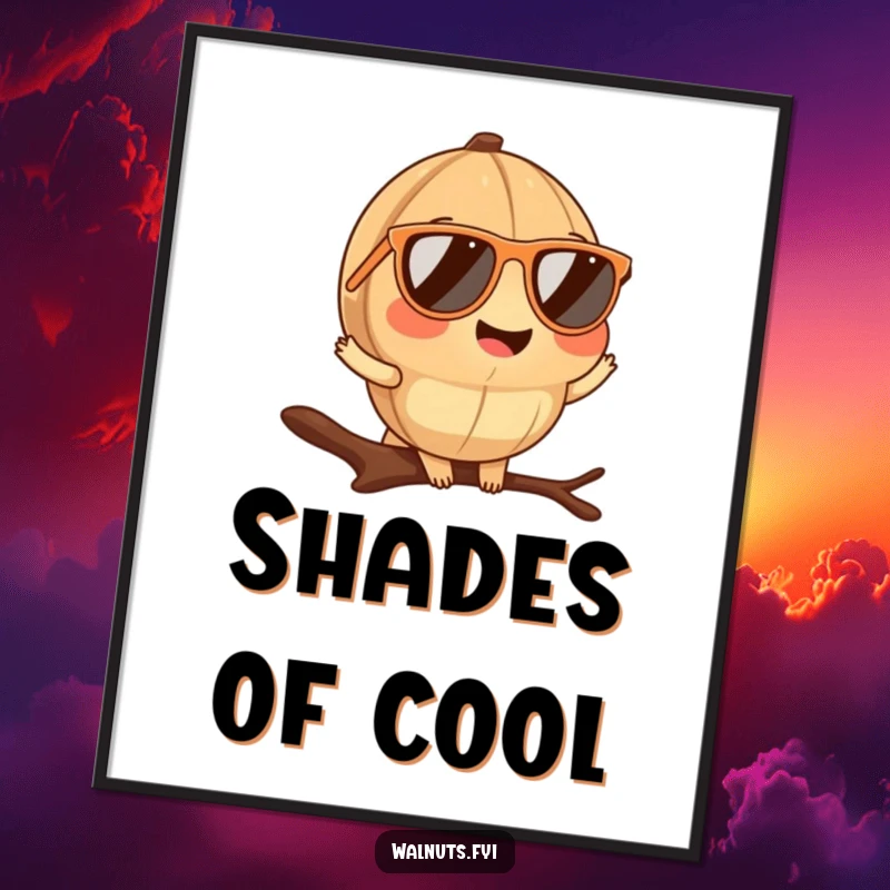 Printable funny walnut sunglasses digital art of a cool walnut posing on a branch, ideal for immediate decor.