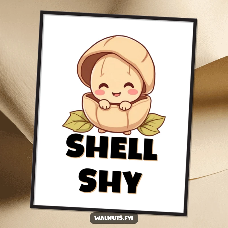 Funny digital art print of a happy walnut character peeking out from behind a large shell, instantly downloadable.