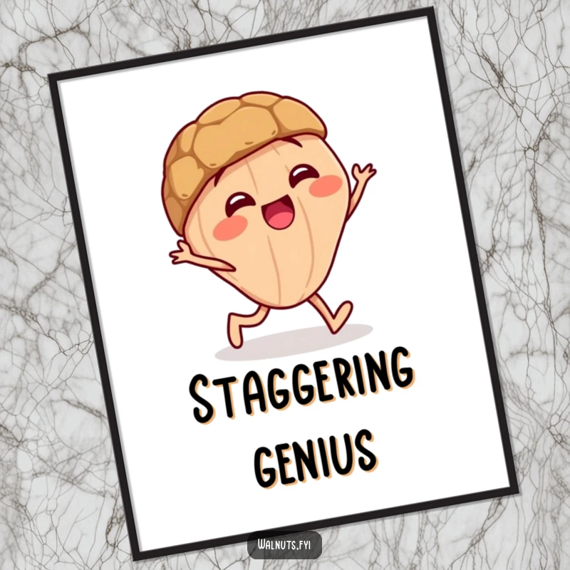 Funny digital art print of a giggling walnut character doing a funny little stagger, instantly downloadable.