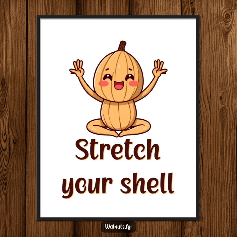 Funny digital art print of a walnut in a yoga pose, bringing balance and humorous zen.