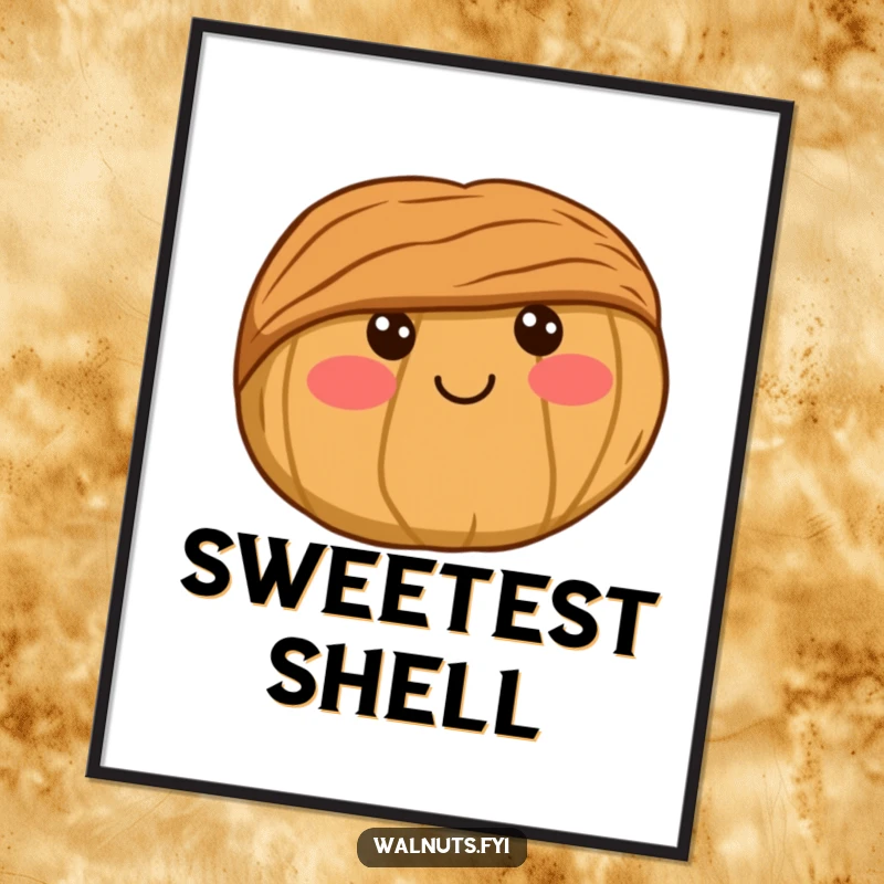 Funny Digital Art Print of a super cute kawaii walnut with rosy cheeks and a small smile, bringing instant adorableness.