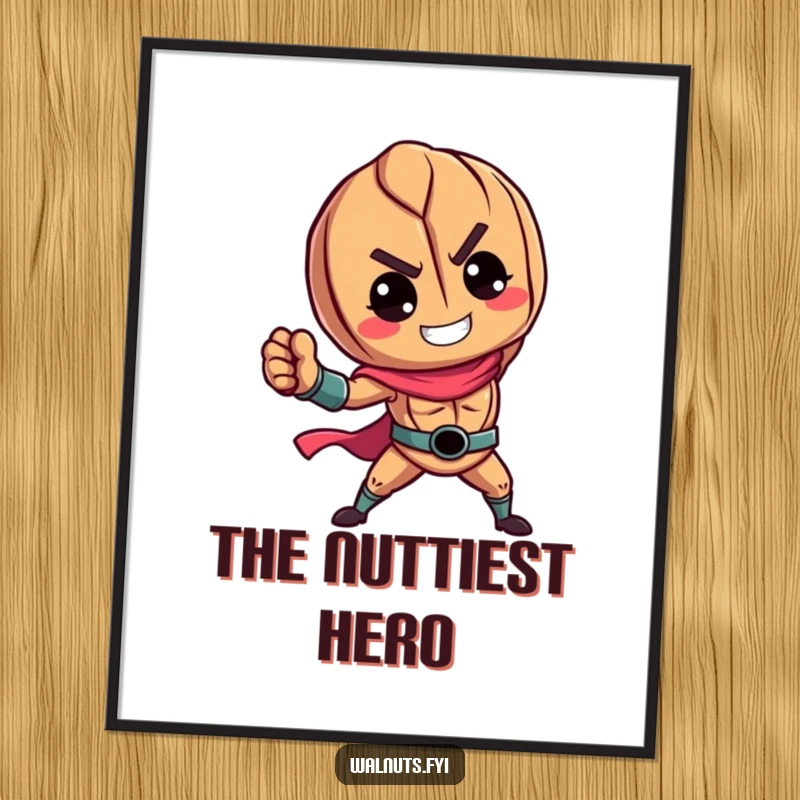 Funny digital art print of a vibrant walnut character in a heroic pose, ideal for immediate download and bold wall decor.