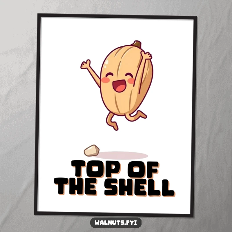 Funny digital art print of an anthropomorphic walnut mid-jump in a triumphant pose, celebrating a successful climb, perfect for walls.