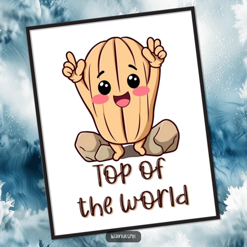 Funny Walnut Digital Art: Cheerful anthropomorphic walnut celebrates climbing, printable humorous illustration.