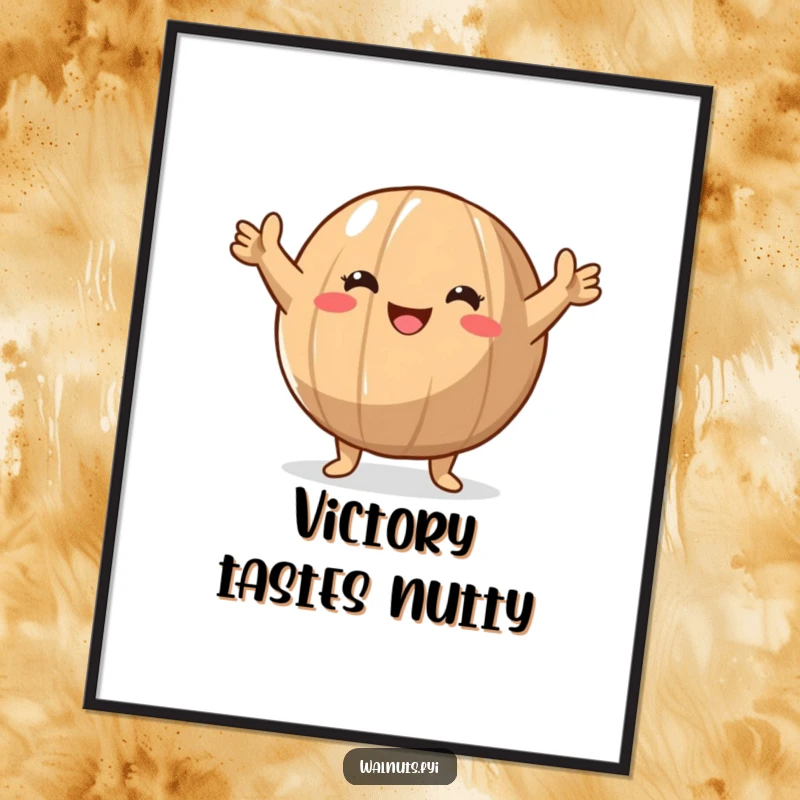 Funny Walnut Victory Digital Art Print featuring a round walnut character with arms raised in a triumphant gesture, celebrating success.