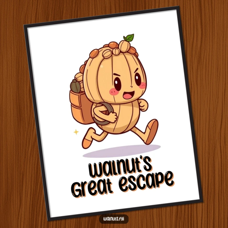 Funny digital art print of a determined walnut character running with a packed backpack, symbolizing motivation and humor.