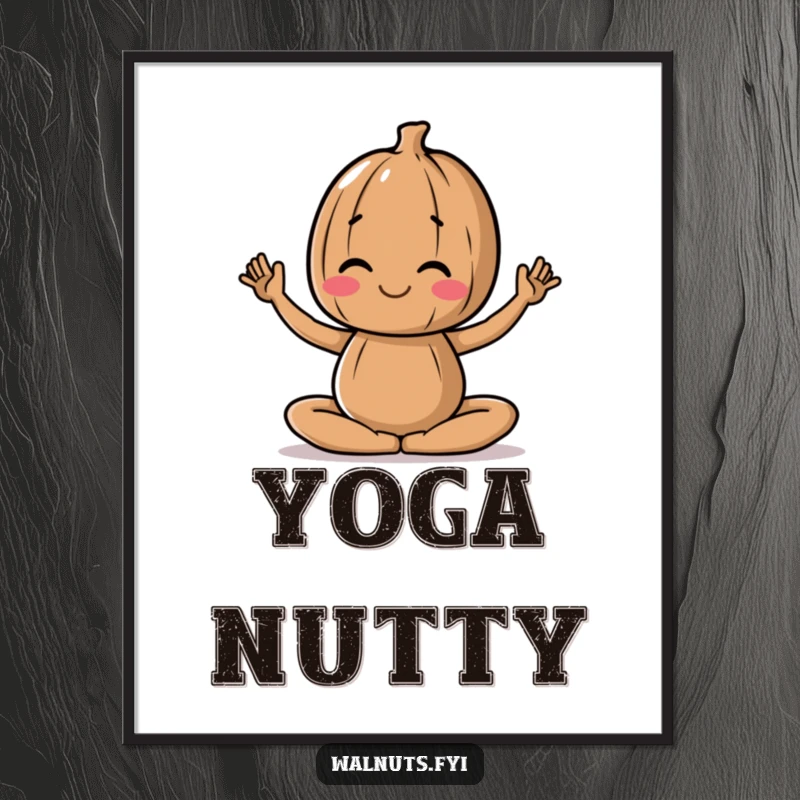Funny digital art print of a walnut character in a peaceful yoga pose, bringing serene vibes.