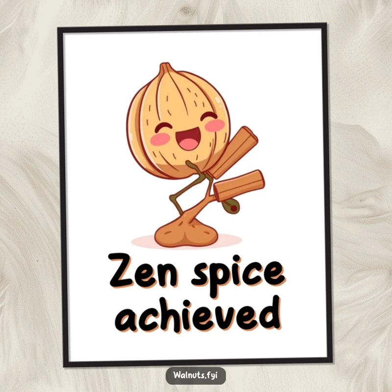 Funny digital art of a thrilled walnut balancing a tiny branch of cinnamon, full of joy and accomplishment.