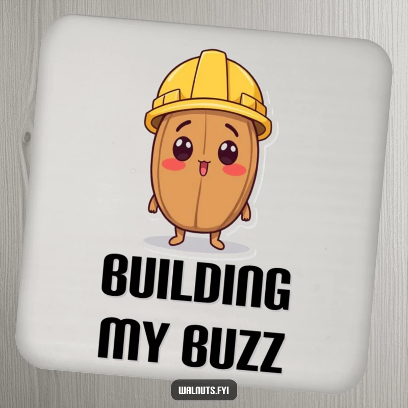 Funny drink coaster with a surprised walnut character wearing a tiny construction helmet and looking up.