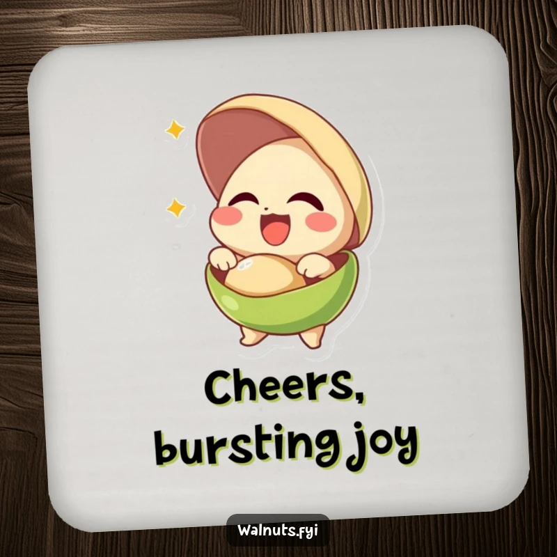 Funny coaster with a giggling pistachio joyfully bursting out of its shell, protecting surfaces with cheer.