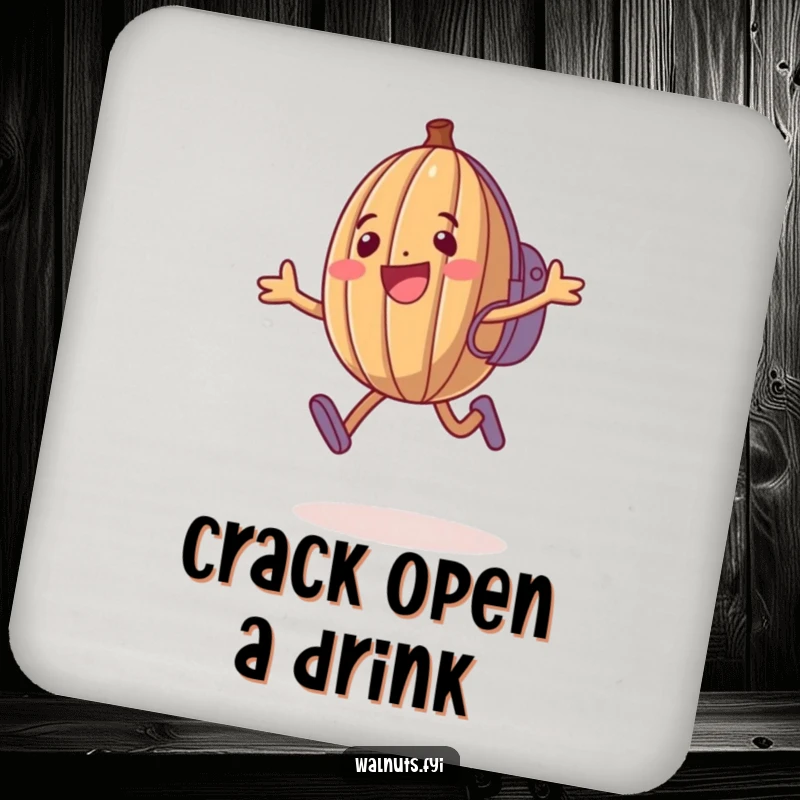 Funny Walnut Coasters: Happy anthropomorphic walnut jumps with backpack, set of humorous coasters.