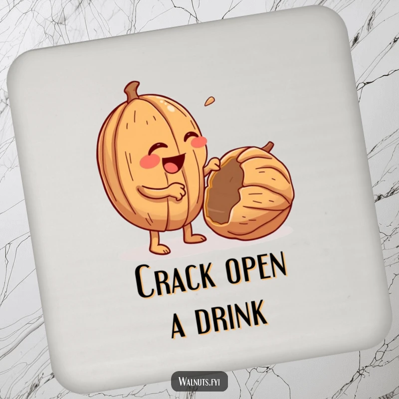 Funny drink coaster featuring a giggling, anthropomorphic walnut character enthusiastically cracking open a walnut.