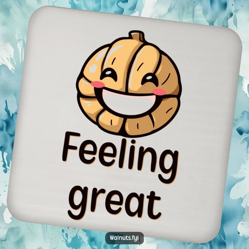 Funny coaster showcasing a stylized walnut cracking into a smile, protecting tables with cheer, a delightful funny gift.