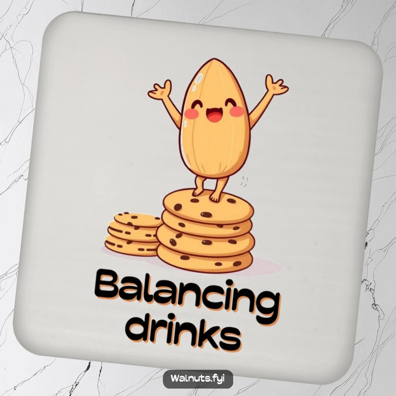 Funny coaster featuring an amused almond doing a handstand on cookies, adding playful protection to tabletops.