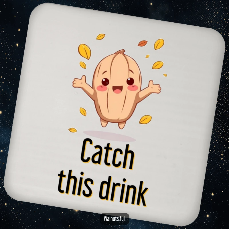 Protective funny autumn walnut drink coaster featuring a character catching falling leaves, adding seasonal flair to tables.