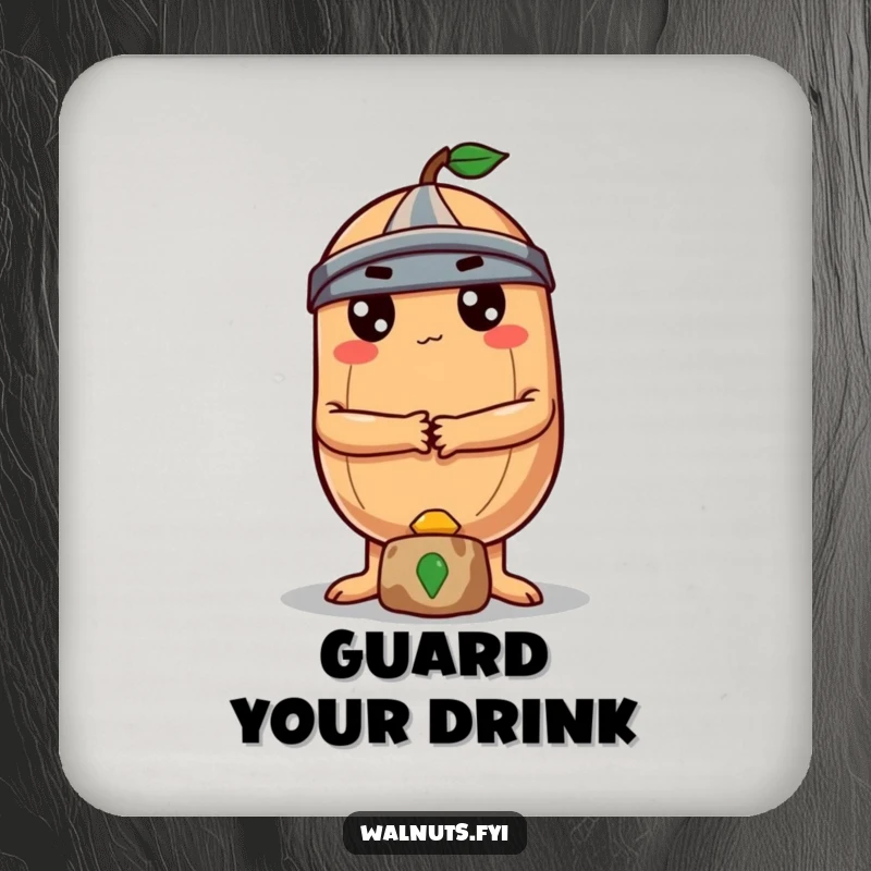 A determined round Brazil nut with crossed arms guards a small treasure on this funny coaster.